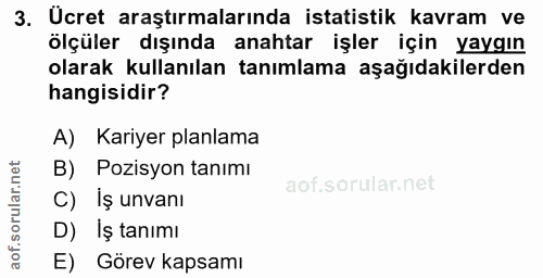 3. soru: Ücret araştırmalarında istatistik kavram ve ölçüler dışında anahtar işler için yaygın olarak kullanılan tanımlama aşa…