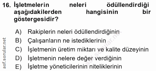16. soru: İşletmelerin neleri ödüllendirdigi aşağıdakilerden hangisinin bir göstergesidir? A) Rakiplerin neleri ödüllendirdiğin…