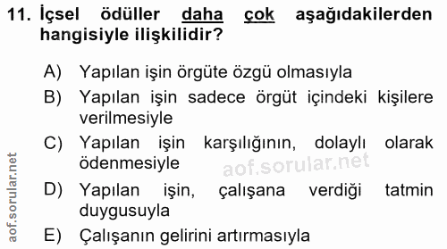 11. soru: İçsel ödüller daha çok aşağıdakilerden hangisiyle ilişkilidir? A) Yapılan işin örgüte özgü olmasıyla B) Yapılan işin…