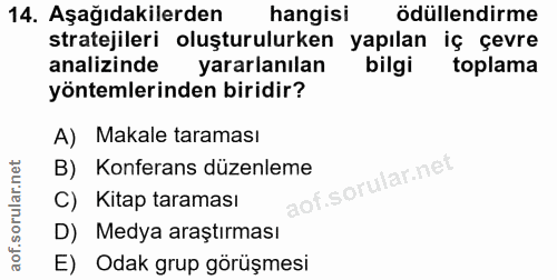 14. soru: Aşağıdakilerden hangisi ödüllendirme stratejileri oluşturulurken yapılan iç çevre analizinde yararlanılan bilgi topla…