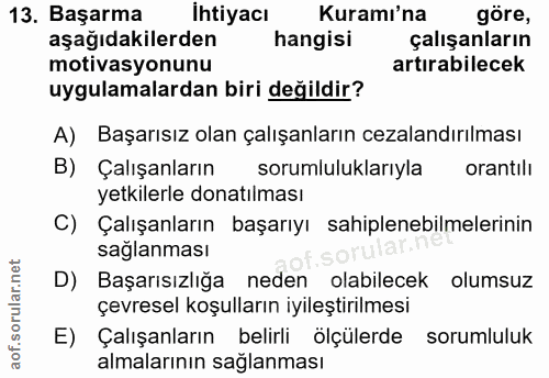 13. soru: Başarma ihtiyacı Kuramı'na göre, aşağıdakilerden hangisi çalışanların motivasyonunu artırabilecek uygulamalardan biri…