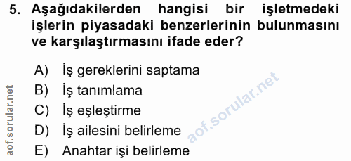 5. soru: Aşağıdakilerden hangisi bir işletmedeki işlerin piyasadaki benzerlerinin bulunmasını ve karşılaştırmasını ifade eder?…