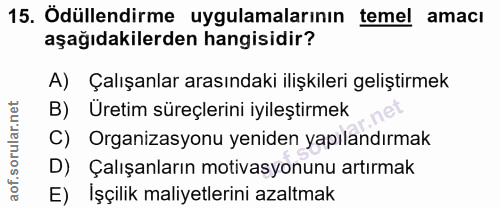 15. soru: Ödüllendirme uygulamalarının temel amacı aşağıdakilerden hangisidir? A) Çalışanlar arasındaki ilişkileri geliştirmek…