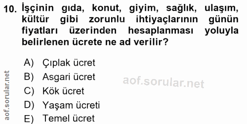 10. soru: İşçinin gıda, konut, giyim, sağlık, ulaşım, kültür gibi zorunlu ihtiyaçlarının günün fiyatları üzerinden hesaplanması…