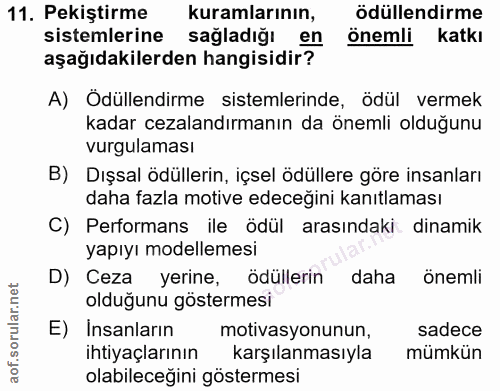 11. soru: Pekiştirme kuramlarının, ödüllendirme sistemlerine sağladığı en önemli katkı aşağıdakilerden hangisidir? A) Ödüllendi…