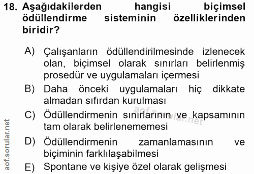 18. soru: Aşağıdakilerden hangisi biçimsel ödüllendirme sisteminin özelliklerinden biridir? A) Çalışanların ödüllendirilmesinde…