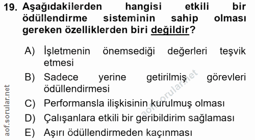 19. soru: Aşağıdakilerden hangisi etkili bir ödüllendirme sisteminin sahip olması gereken özelliklerden biri değildir? A) İşlet…