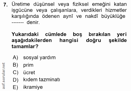 7. soru: Üretime düşünsel veya fiziksel emeğini katan işgücüne veya çalışanlara, verdikleri hizmetler karşılığında ödenen aynî…