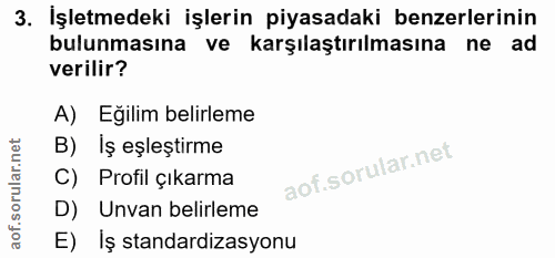 3. soru: İşletmedeki işlerin piyasadaki benzerlerinin bulunmasına ve karşılaştırılmasına ne ad verilir? A) Egilim belirleme B)…