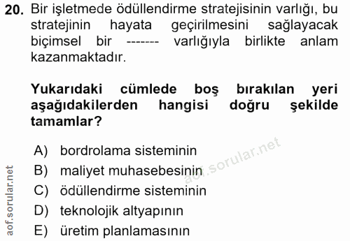20. soru: Bir işletmede ödüllendirme stratejisinin varlığı, bu stratejinin hayata geçirilmesini saglayacak biçimsel bir - varlı…