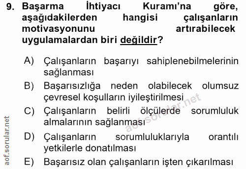 9. soru: Başarma İhtiyacı Kuramı'na göre, aşağıdakilerden hangisi çalışanların motivasyonunu artırabilecek uygulamalardan biri…