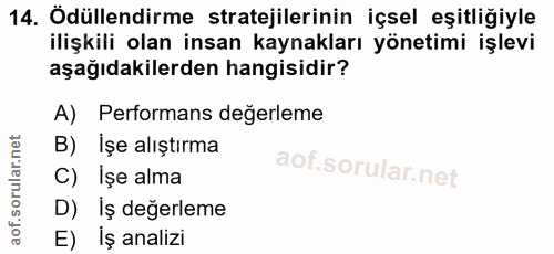 14. soru: Ödüllendirme stratejilerinin içsel eşitliğiyle ilişkili olan insan kaynakları yönetimi işlevi aşağıdakilerden hangisi…