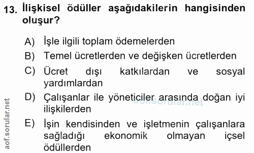 13. soru: Ilişkisel ödüller aşağıdakilerin hangisinden oluşur? A) İşle ilgili toplam ödemelerden B) Temel ücretlerden ve değişk…