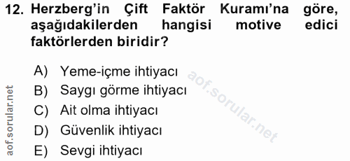 12. soru: Herzberg'in Çift Faktör Kuramı'na göre, aşağıdakilerden hangisi motive edici faktörlerden biridir? A) Yeme-içme ihtiy…