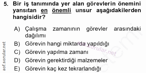 5. soru: Bir iş tanımında yer alan görevlerin önemini yansıtan en önemli unsur aşağıdakilerden hangisidir? A) Çalışma zamanını…