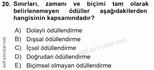 20. soru: Sınırları, zamanı ve biçimi tam olarak belirlenemeyen ödüller aşağıdakilerden hangisinin kapsamındadır? A) Dolaylı öd…