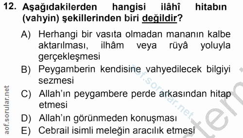 12. soru: Aşağıdakilerden hangisi ilahi hitabın (vahyin) şekillerinden biri değildir? A) Herhangi bir vasıta olmadan mananın ka…