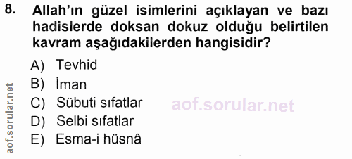8. soru: Allah'ın güzel isimlerini açıklayan ve bazı hadislerde doksan dokuz olduğu belirtilen kavram aşağıdakilerden hangisid…