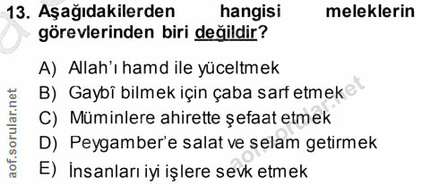 13. soru: Aşağıdakilerden hangisi meleklerin görevlerinden biri değildir? A) Allah'ı hamd ile yüceltmek B) Gaybi bilmek için ça…