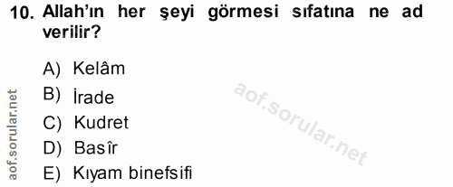 10. soru: Allah'ın her şeyi görmesi sıfatına ne ad verilir? A) Kelâm B) Irade C) Kudret D) Basîr E) Kıyam binefsifi