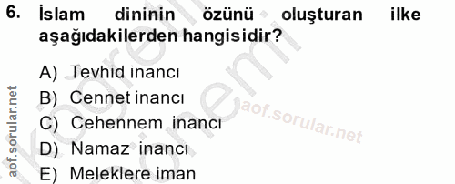 6. soru: Islam dininin özünü oluşturan ilke aşağıdakilerden hangisidir? A) Tevhid inancı B) Cennet inancı C) Cehennem inancı D…