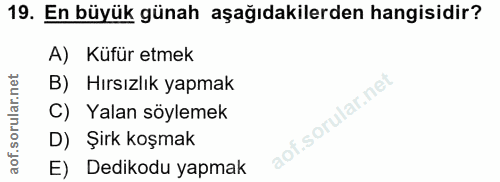 19. soru: En büyük günah aşağıdakilerden hangisidir? A) Küfür etmek B) Hırsızlık yapmak C) Yalan söylemek D) Şirk koşmak E) Ded…