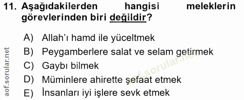 11. soru: Aşağıdakilerden hangisi meleklerin görevlerinden biri değildir? A) Allah'ı hamd ile yüceltmek B) Peygamberlere salat…