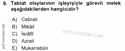 9. soru: Tabiat olaylarının işleyişiyle görevli melek aşağıdakilerden hangisidir? A) Cebrail B) Mikâil C) İsrâfil D) Azrail E)…