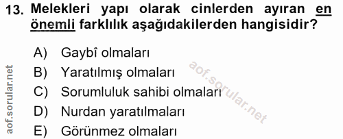 13. soru: Melekleri yapı olarak cinlerden ayıran önemli farklılık aşağıdakilerden hangisidir? A) Gaybi olmaları Yaratılmış olma…