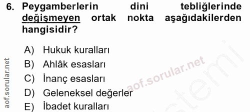 6. soru: Peygamberlerin dini tebliğlerinde değişmeyen ortak nokta aşağıdakilerden hangisidir? A) Hukuk kuralları B) Ahlâk esas…