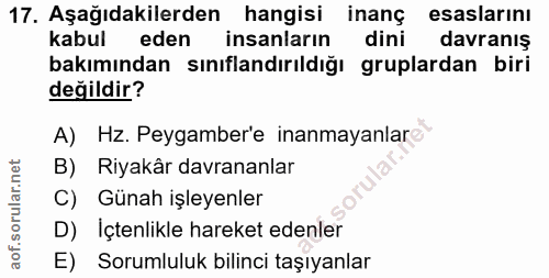 17. soru: Aşağıdakilerden hangisi inanç esaslarını kabul eden insanların dini davranış bakımından sınıflandırıldığı gruplardan…