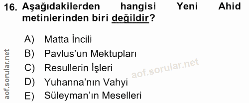 16. soru: Aşağıdakilerden hangisi Yeni Ahid metinlerinden biri değildir? A) Matta Incili B) Pavlus'un Mektupları C) Resullerin…