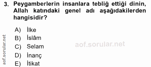 3. soru: Peygamberlerin insanlara tebliğ ettiği dinin, Allah katındaki genel adı aşağıdakilerden hangisidir? A) ilke B) Islâm…