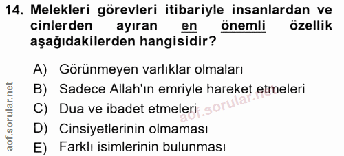 14. soru: Melekleri görevleri itibariyle insanlardan ve cinlerden ayıran en önemli özellik aşağıdakilerden hangisidir? A) Görün…