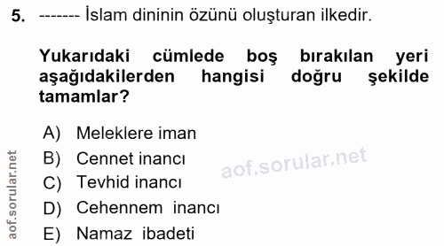 5. soru: ------ İslam dininin özünü oluşturan ilkedir. Yukarıdaki cümlede boş birakılan yeri aşağıdakilerden hangisi doğru şek…
