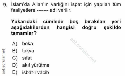 9. soru: İslam'da Allah'ın varlığını ispat için yapılan tüm faaliyetlere -- adı verilir. Yukarıdaki cümlede boş bırakılan yeri…