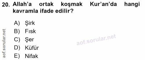 20. soru: Allah'a ortak koşmak Kur'an'da hangi kavramla ifade edilir? A) Şirk orular.net B) Fisk C) Şer D) Küfür aof. E) Nifak