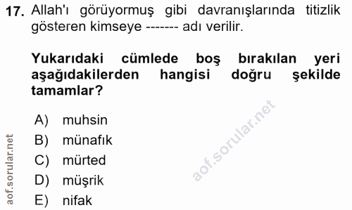 17. soru: Allah'ı görüyormuş gibi davranışlarında titizlik gösteren kimseye - adı verilir. Yukarıdaki cümlede boş bırakılan yer…