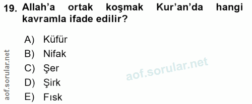 19. soru: Allah'a ortak koşmak Kur'an'da hangi kavramla ifade edilir? A) Küfür B) Nifak C) Şer D) Şirk E) Fısk