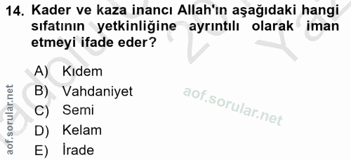 14. soru: Kader ve kaza inancı Allah'ın aşağıdaki hangi sıfatının yetkinliğine ayrıntılı olarak iman etmeyi ifade eder? A) Kıde…