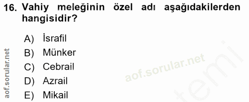 16. soru: Vahiy meleğinin özel adı aşağıdakilerden hangisidir? A) İsrafil B) Münker C) Cebrail D) Azrail E) Mikail