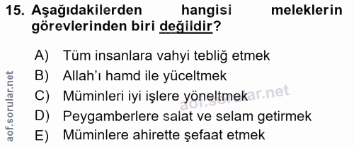 15. soru: Aşağıdakilerden hangisi meleklerin görevlerinden biri değildir? A) Tüm insanlara vahyi tebliğ etmek B) Allah'ı hamd i…