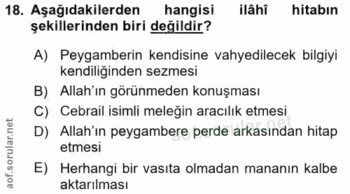 18. soru: Aşağıdakilerden hangisi ilâhi hitabın şekillerinden biri değildir? A) Peygamberin kendisine vahyedilecek bilgiyi kend…