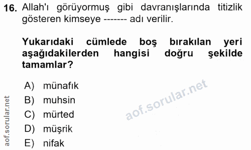 16. soru: Allah'ı görüyormuş gibi davranışlarında titizlik gösteren kimseye - adı verilir. Yukarıdaki cümlede boş bırakılan yer…