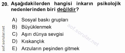 20. soru: Aşağıdakilerden hangisi inkarın psikolojik nedenlerinden biri değildir? A) Sosyal baskı grupları B) Büyüklenmek C) Aş…