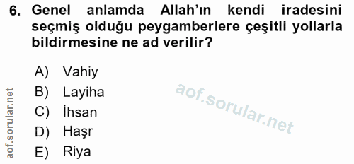 6. soru: Genel anlamda Allah'ın kendi iradesini seçmiş olduğu peygamberlere çeşitli yollarla bildirmesine ne ad verilir? A) Va…