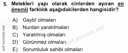 5. soru: Melekleri yapı olarak cinlerden ayıran en önemli farklılık aşağıdakilerden hangisidir? A) Gaybî olmaları B) Nurdan ya…