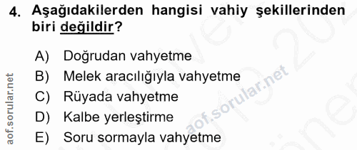 4. soru: Aşağıdakilerden hangisi vahiy şekillerinden biri değildir? A) Doğrudan vahyetme Melek aracılığıyla vahyetme ner C) Rü…