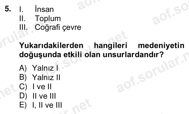 5. soru: I. İnsan II. Toplum III. Coğrafi çevre Yukarıdakilerden hangileri medeniyetin doğuşunda etkili olan unsurlardandır? A…
