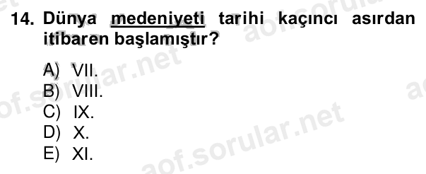 14. soru: Dünya medeniyeti tarihi kaçıncı asırdan itibaren başlamıştır? A) VII. B) VIII. C) IX. D) X. E) XI.